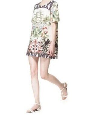 Zara Tropicalia Dress Womens Small Floral Printed Shift Mini Short Sleeve